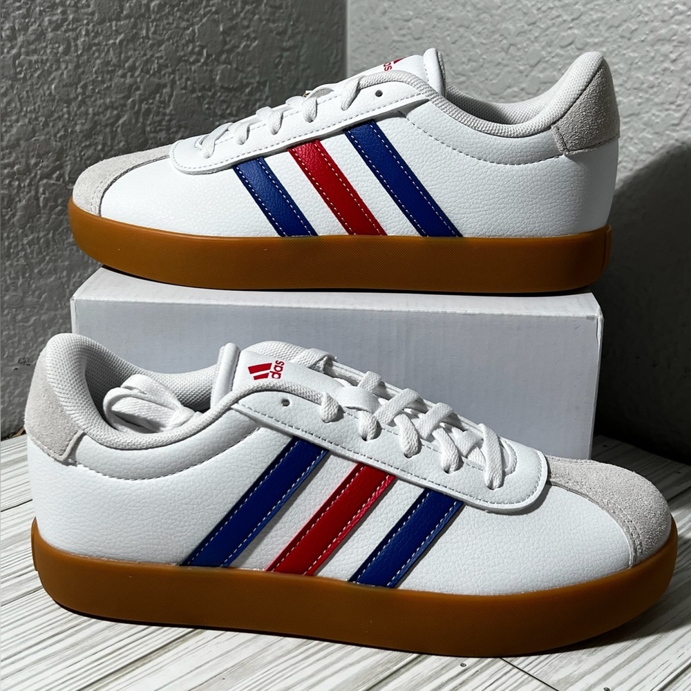 Adidas VL Court 3.0 low top Shoes sneakers white blue red stripes youth size 5